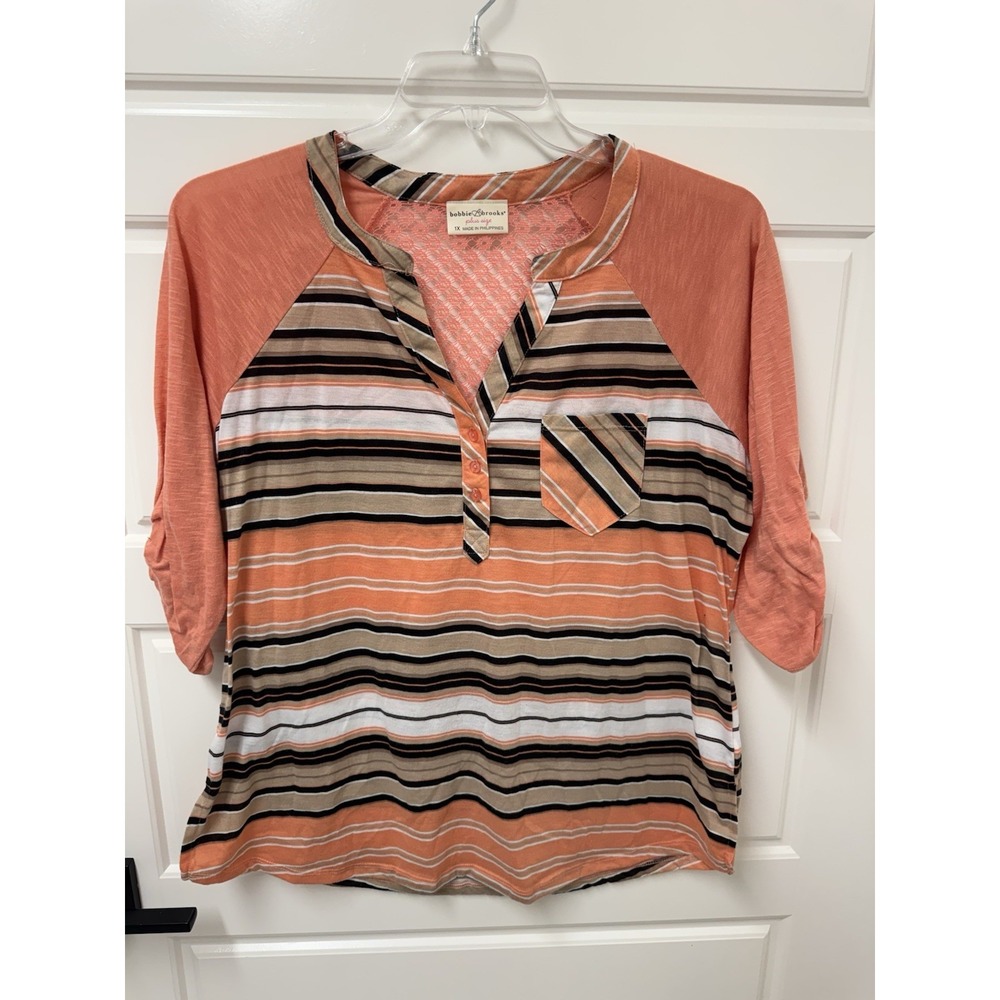 Bobbie Brooks Plus Size 1X Tunic Blouse Lace Back 3/4 Sleeve Striped Orange Top